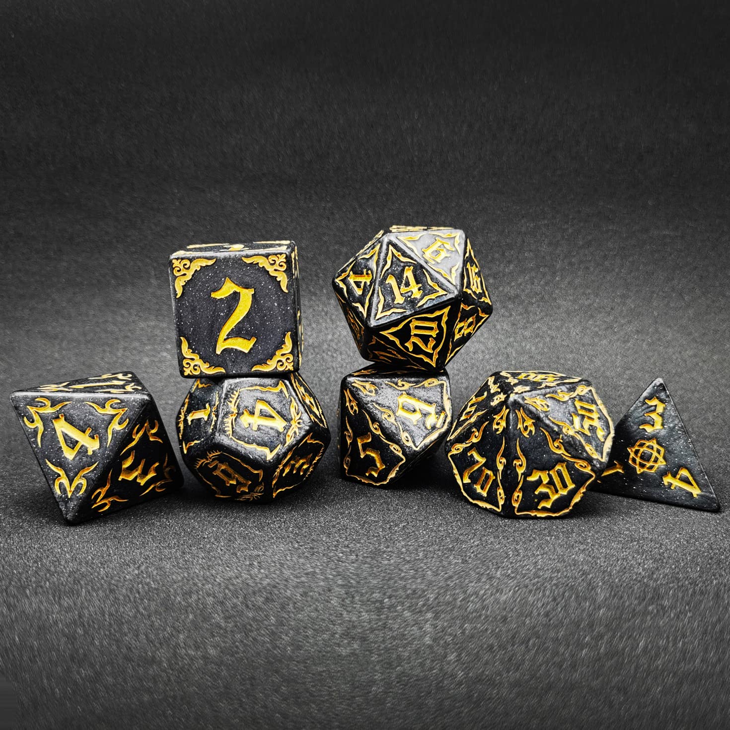 Bescon Giant Fire-Patterned DND Dice Set 1 Inch (25MM) Black Rock, Oversized D&D Dice Set for Dungeons and Dragons Role Playing Games