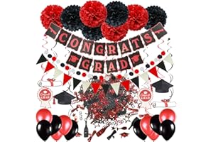 ZERODECO Graduation Decorations, Black and Red Congrats Grad Banner Paper Pompoms Hanging Swirls Graduation Confetti Paper Garland Party Balloons for Grad Party Decoration Supplies