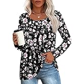 Anymeet Ladies Tops and Blouses Woman Winter Tunic Long Sleeve Casual Shirts Comfy Loose Blouse Flower Pink Black X-Large