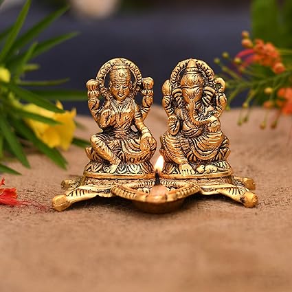 Fordeal India Laxmi Ganesh Idol Showpiece Oil Lamp Diya Deepak - Metal Lakshmi Ganesh Statue - Diwali Home Decoration Items - Lakshmi Ganesh for Diwali puja