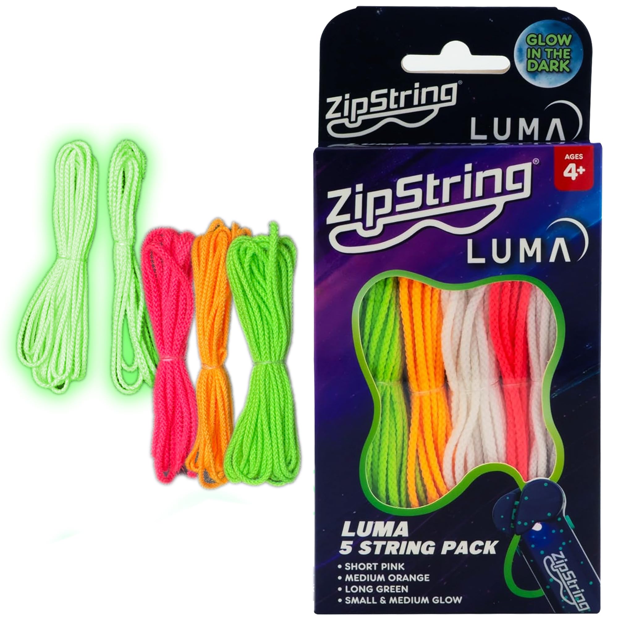 ZipString Luma Replacement Strings for Rope Launcher Toy, Pack of 5 - UV Reactive Glow in The Dark Fidget String for Kids & Adults - Shark Tank Featured Lasso Rope Loop String Replacement