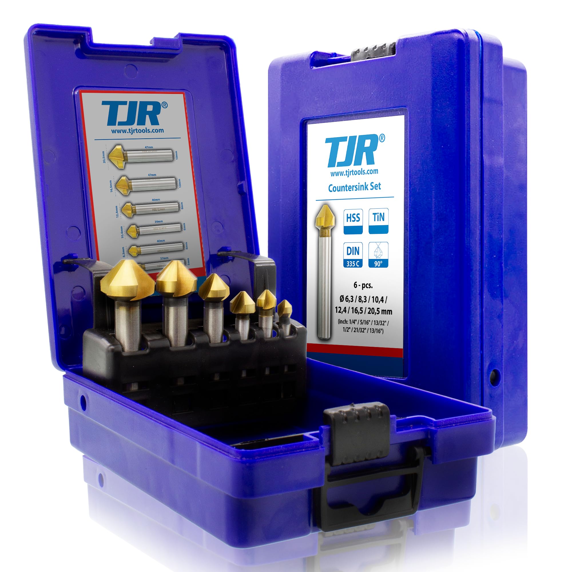 TJR® Countersink 90° Diameter 6.3-20.5 mm Made of HSS Steel with coating– Really Sharp – Countersink and Deburring Set for Wood, Metal and Plastic in Storage Box (HSS with TiN coating)