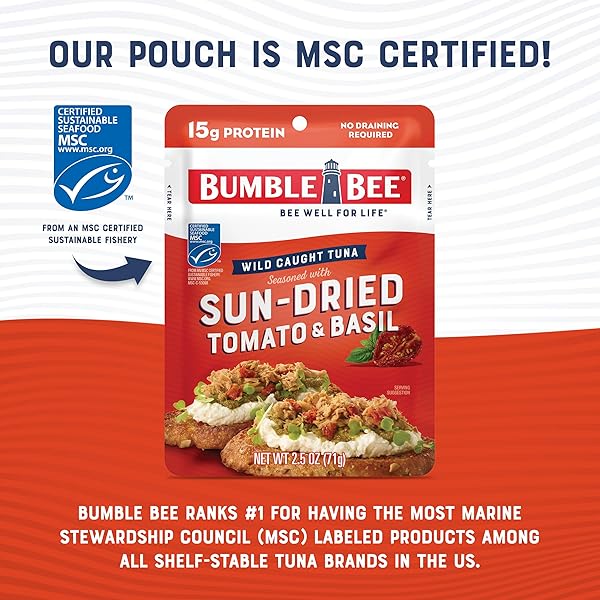 BUMBLE BEE SUN-DRIED TOMATO & BASIL SEASONED TUNA, 2.5 OZ POUCH – READY TO EAT – WILD CAUGHT TUNA PACKET – 15G PROTEIN PER SERVING – GLUTEN FREE