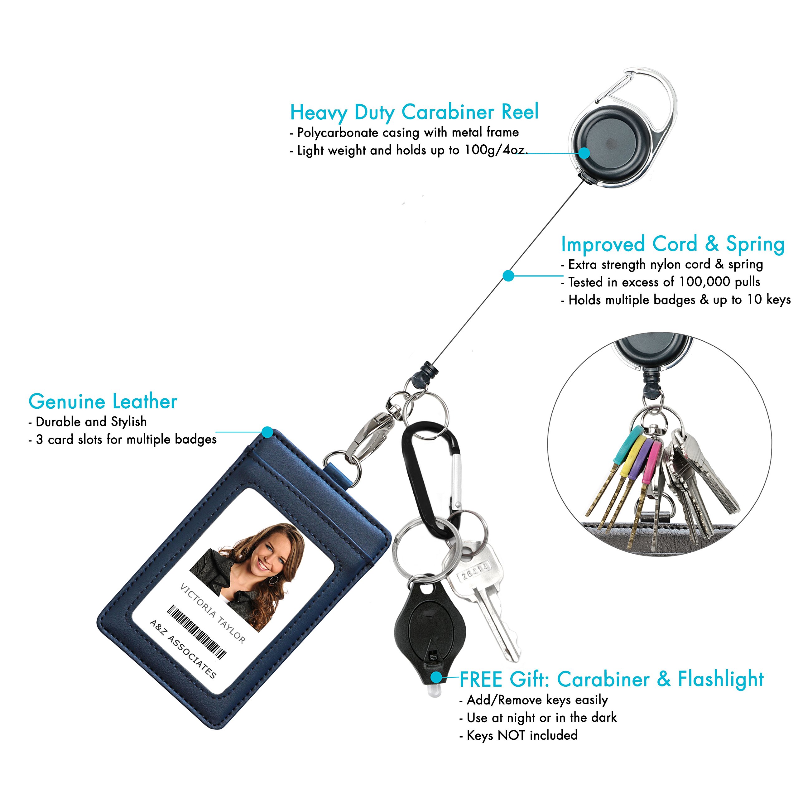 Genuine Leather ID Badge Holder Wallet with Heavy Duty Carabiner