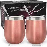 CHILLOUT LIFE 12 oz Stainless Steel Wine Tumblers 2 Pack - Double Wall Vacuum Insulated Wine Glasses Cups with Lids and Straws Set Keeping Cold & Hot for Coffee, Beer, Ice Cream - Rose Gold