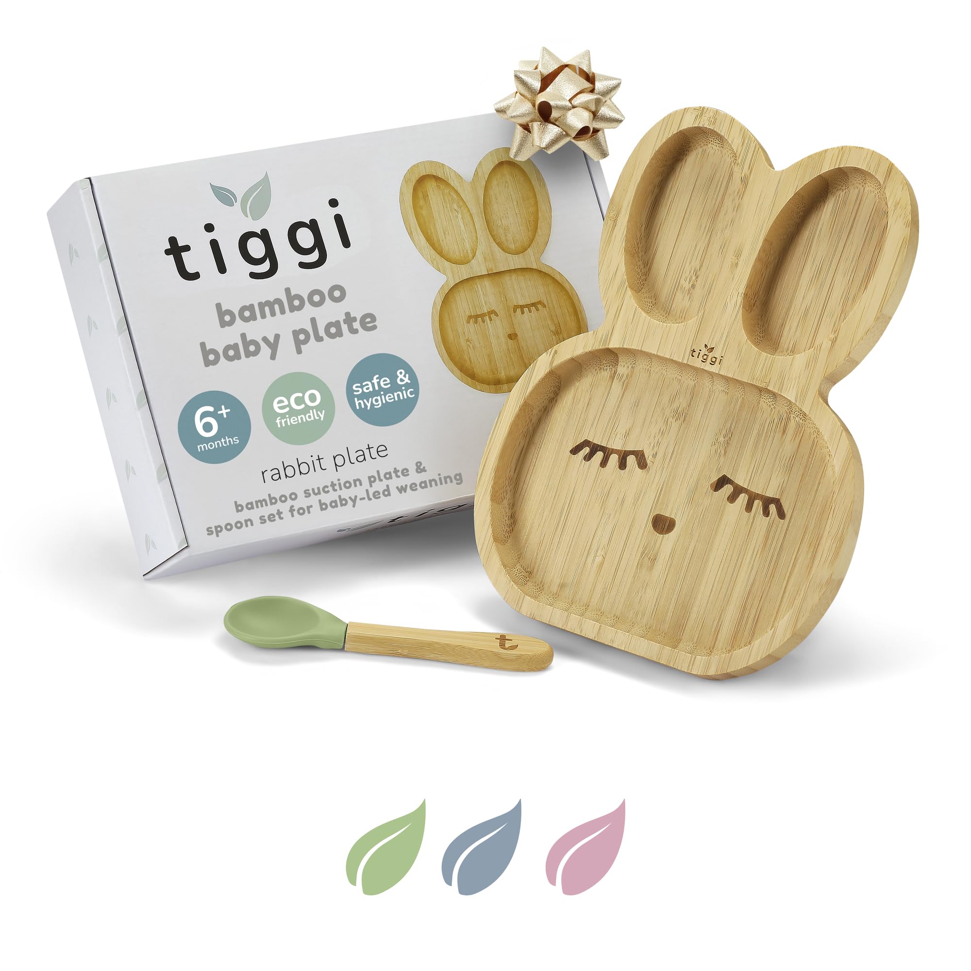 Tiggi Bamboo Baby Plate from Suction Weaning Plate for Easy Mealtime | Strong Grip for Less Mess | Bamboo Suction Plates Baby (Rabbit, Soft Mint)