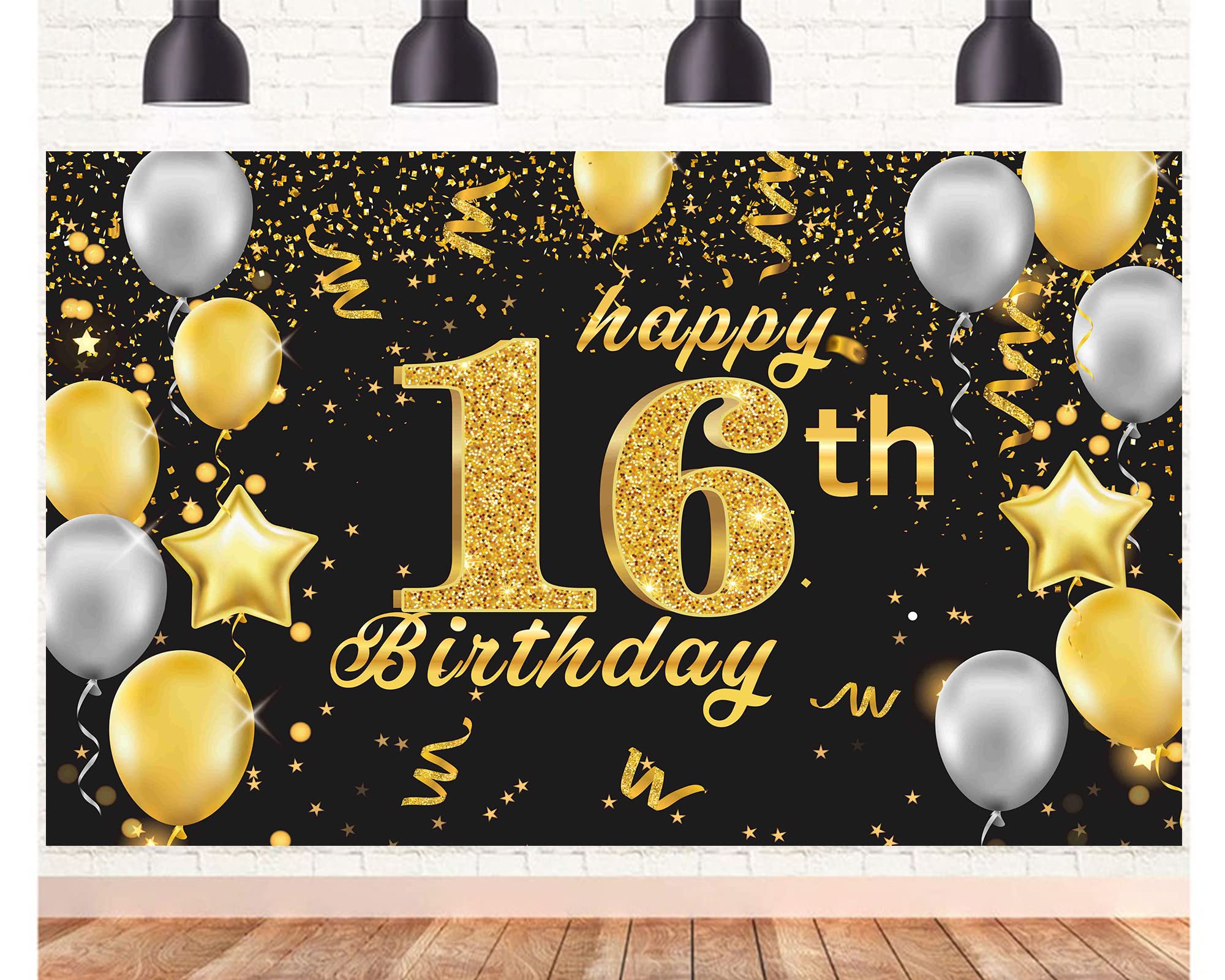 Happy 16th Birthday Banner,16th Birthday Decorations Black Gold,Party Backdrop Banner Fabric Banner.for Men Women 16thBirthday Photo Backdrop,Photography Background,Outdoor Garden Table Wall Decor