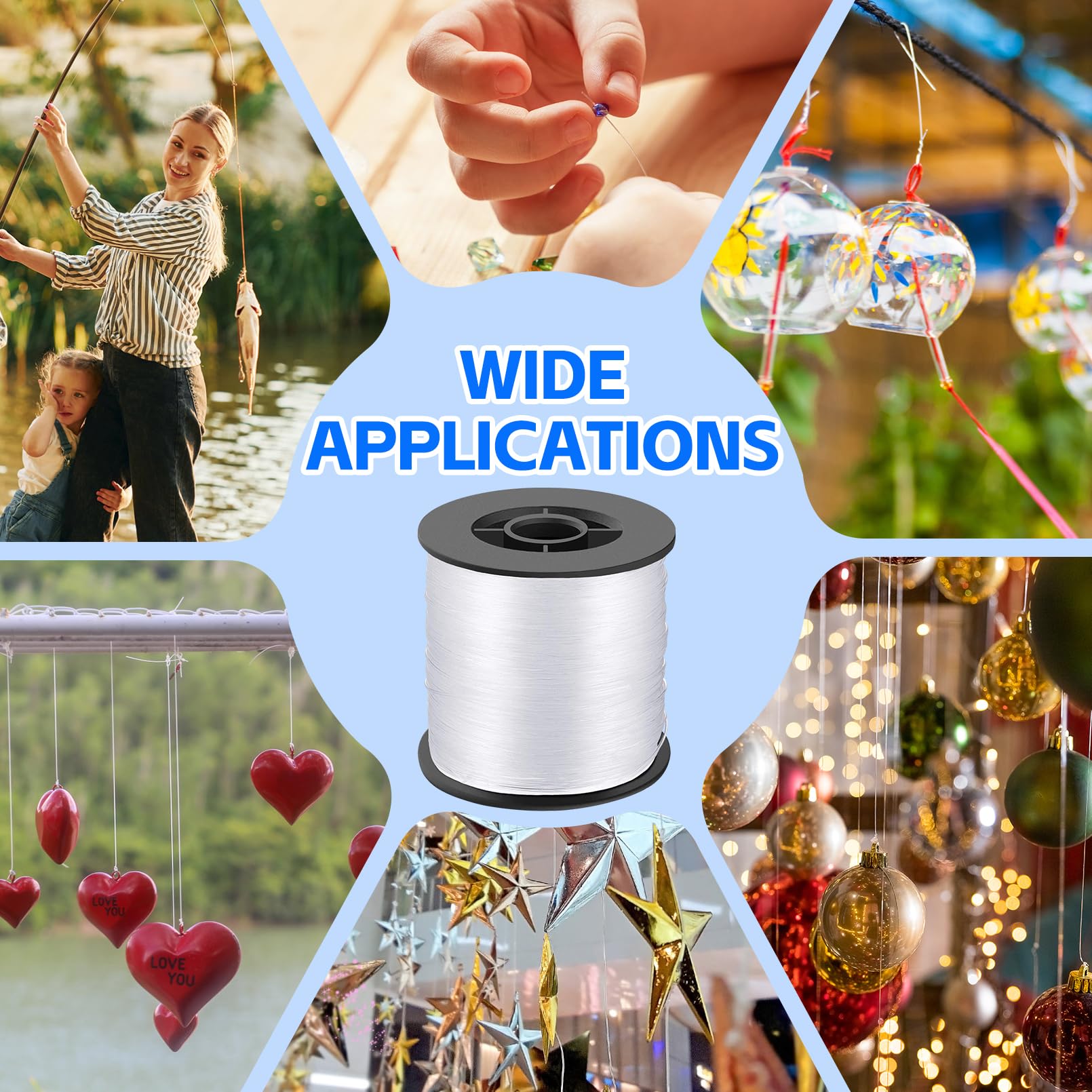 Strong Clear Invisible Hanging Wire - 0.8MM String Thick Nylon Wire Fishing Line 656FT Clear String Wire with 100Pcs Aluminum Crimping Sleeves for Picture Frame, String Light, Flowerpot, Craft