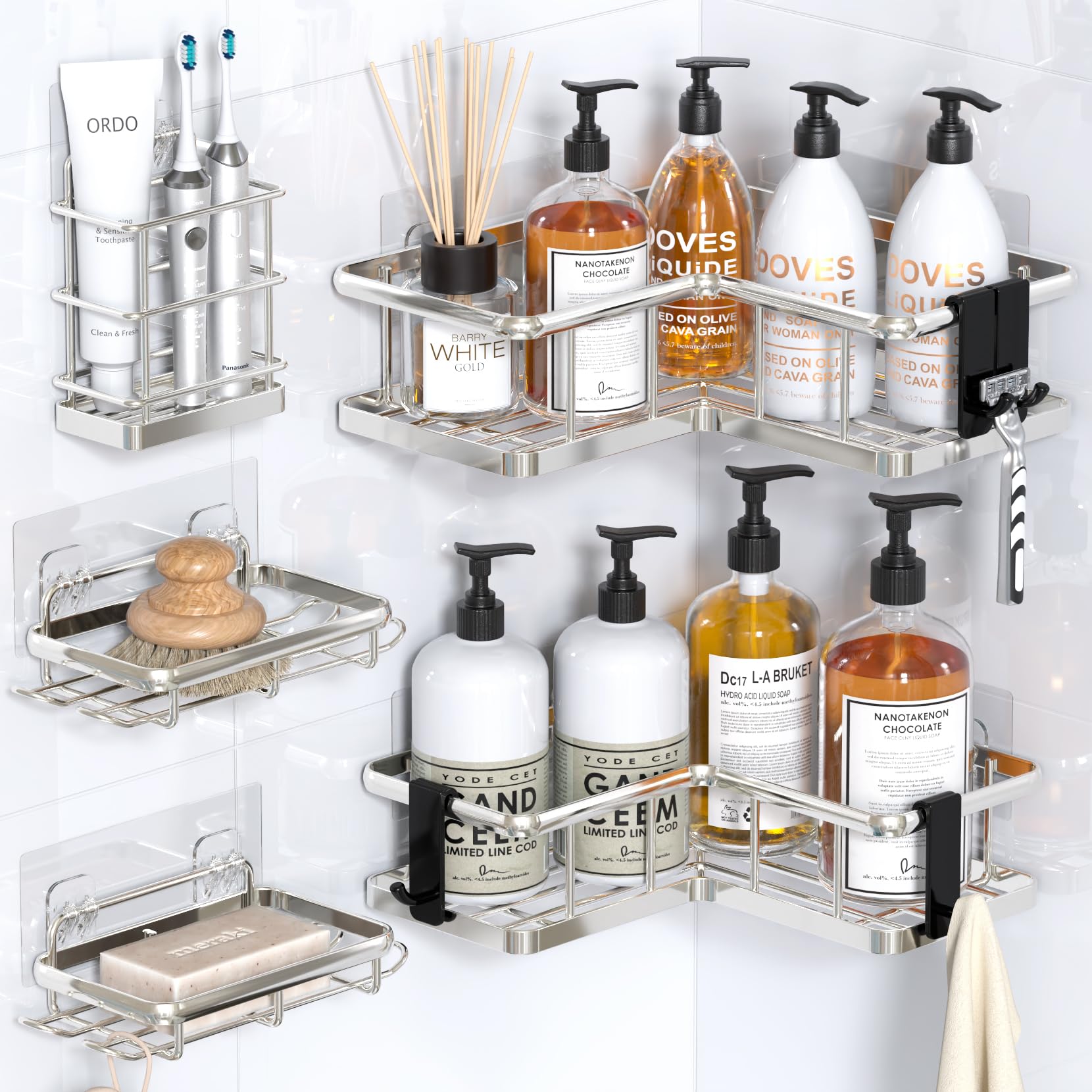 Photo 1 of YASONIC Corner Shower Caddy Organizer, 5-Pack Self-Adhesive Rustproof Bath Shelves with Soap Holder & 4 Hooks, Large Capacity Shower Storage Rack for Bathroom Organization, Silver