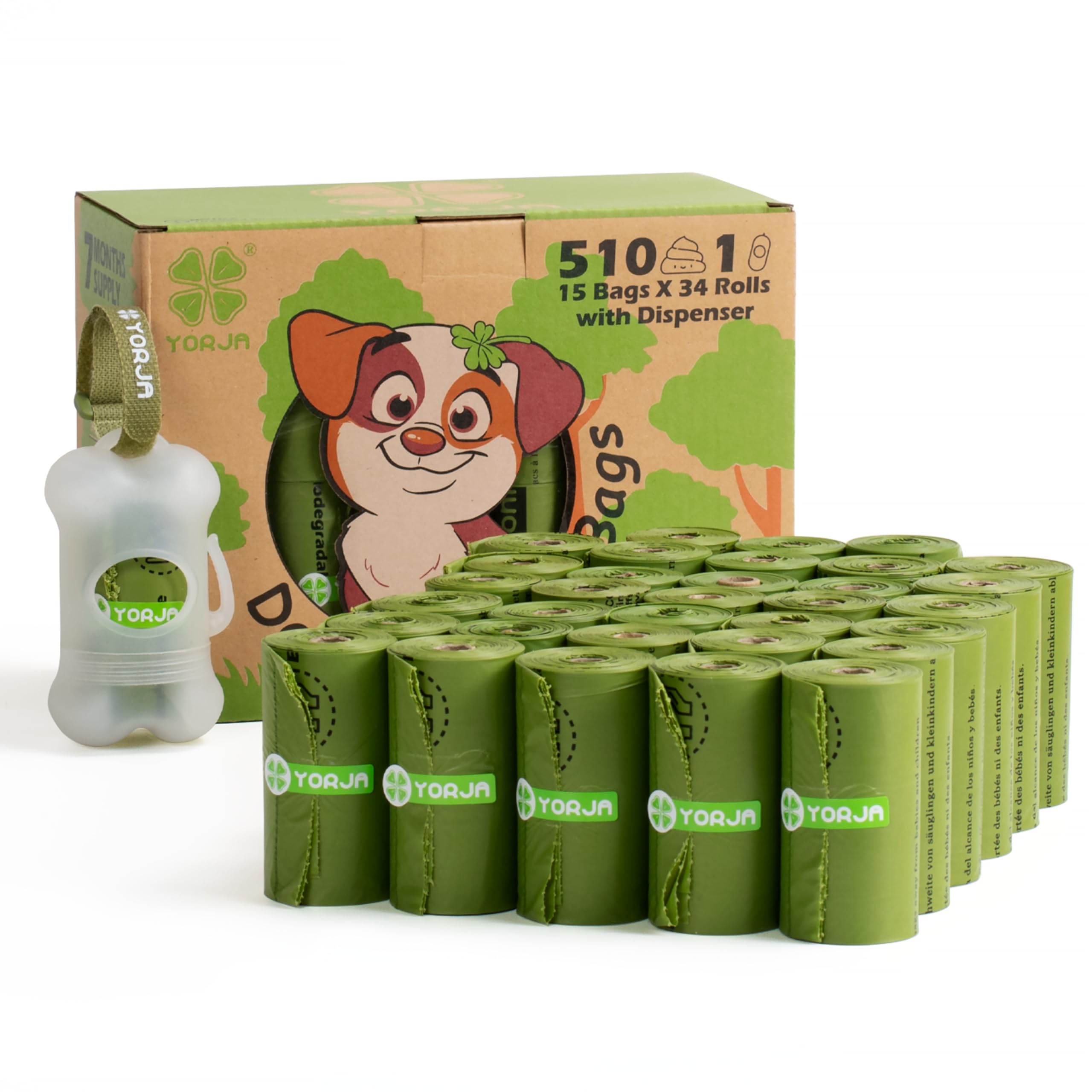 YORJA Dog Poo Bags with Dispenser & Holder, 510 Pet Poop Bags, Extra Thick and Strong 100% Leak-Proof Unscented Waste Bags (Green)