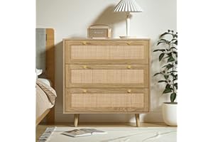 Anmytek 3 Drawer Dresser for Bedroom, Rattan Dresser Modern Wood Chest of Drawers with Spacious Storage for Bedroom Hallway Living Room, Rustic Oak, H0027