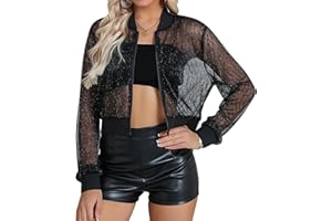 Nlife Women Sheer Mesh Sparkly Crop Bomber Jacket See Thru Glitter Rave Festival Clubwear Night Out Party Concert Outfit