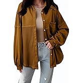 SHEWIN Womens Waffle Knit Shackets Fall Fashion Button Down Shirt Jacket Loose Long Sleeve Tops With Pocket