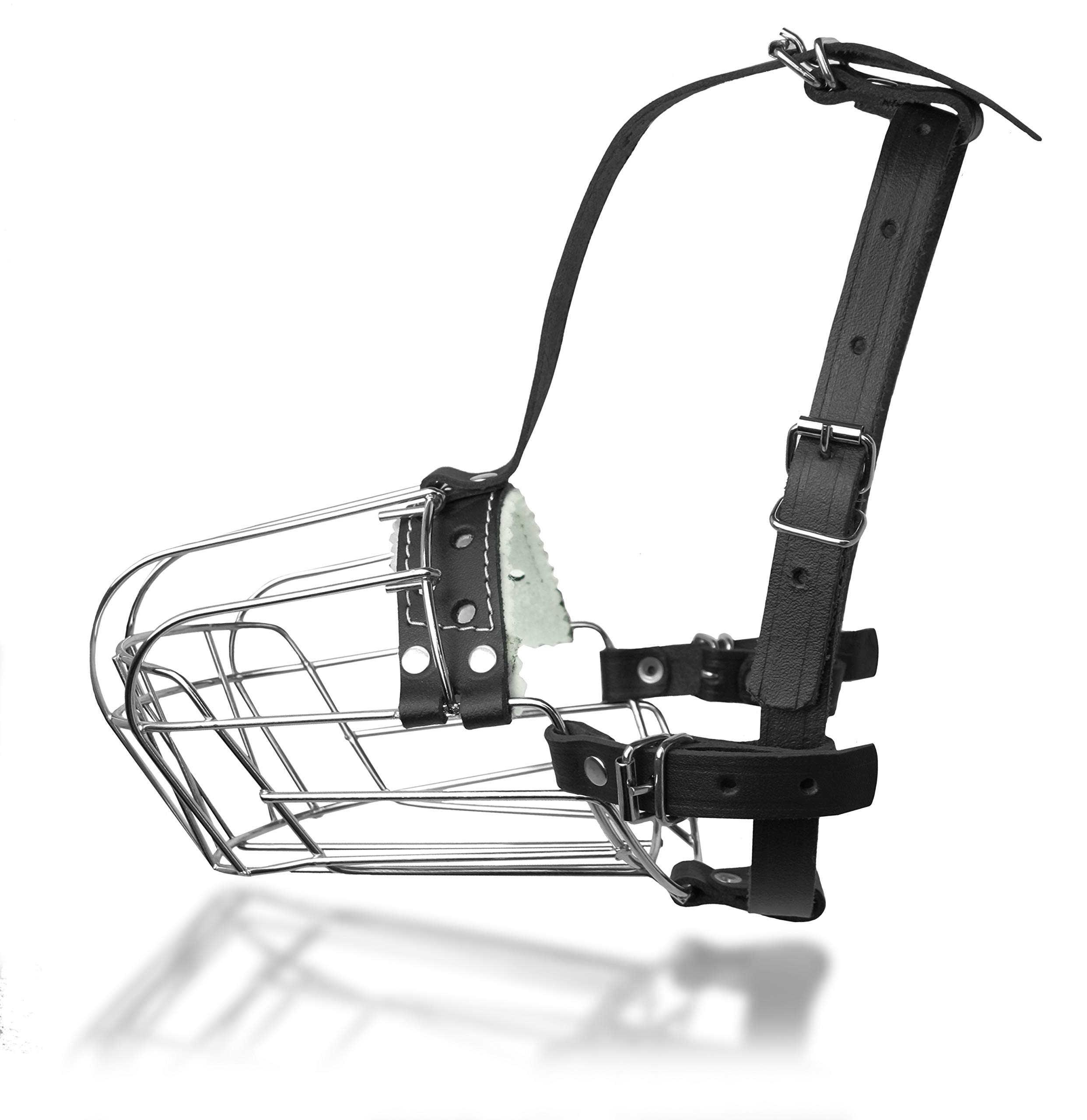 Dog Chrome Metal Muzzles Wire Basket Adjustable Leather Straps (№3+) Snout Circumference is 9.4-10.2 in, Length is 3.5-4.1 in