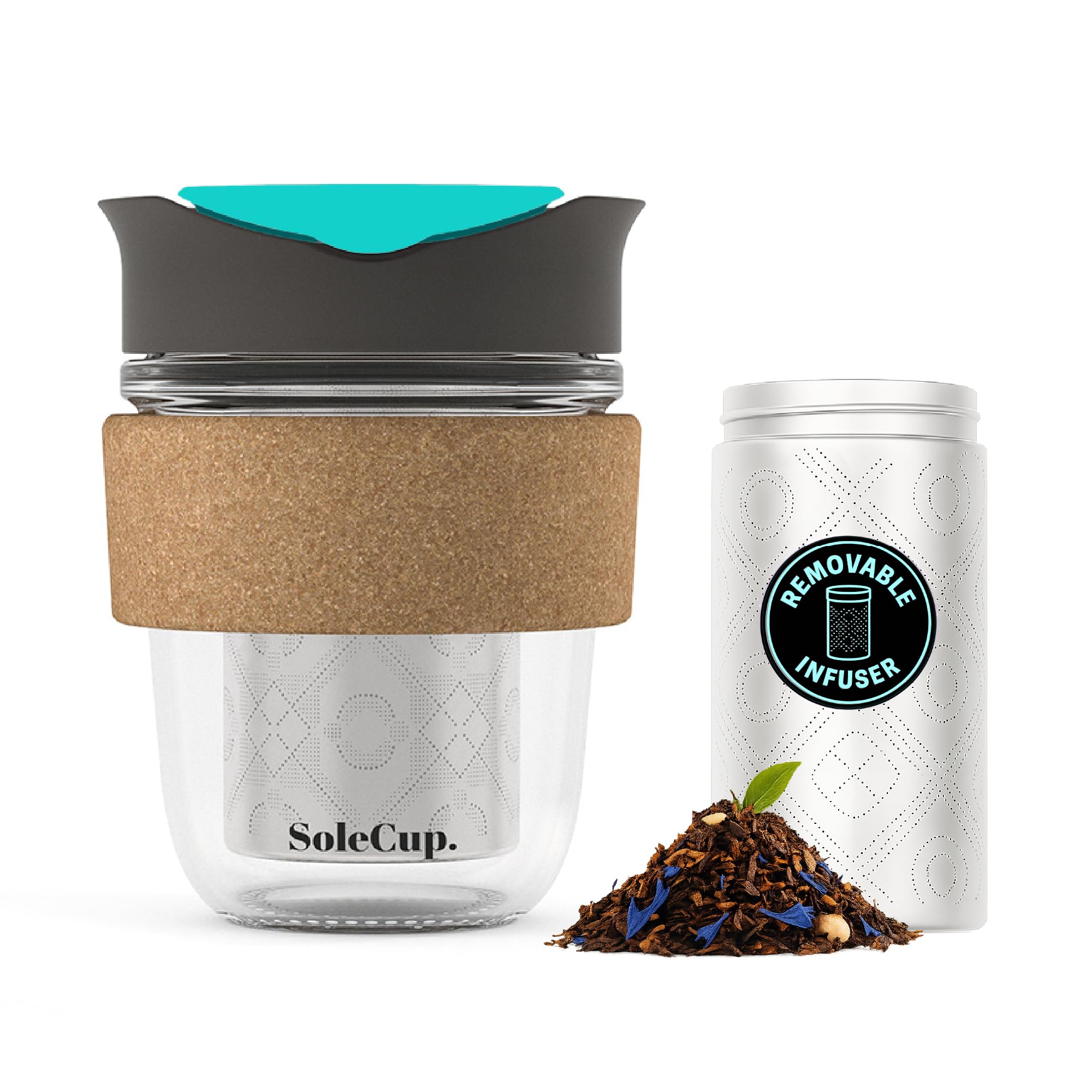 SoleCup. Travel Mug Loose Tea Infuser - Detachable Tea Strainer with Spillproof Lid - BPA-Free Reusable Glass Travel Coffee Cup with Cork Band (Grey and Blue, 340ml / 12oz) — image 1
