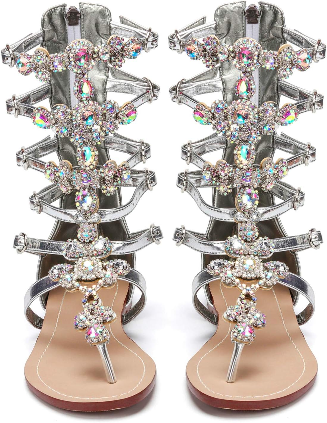 azmodo Crystal Rhinestones Gladiator Sandals Silver Color Wedding Shoes