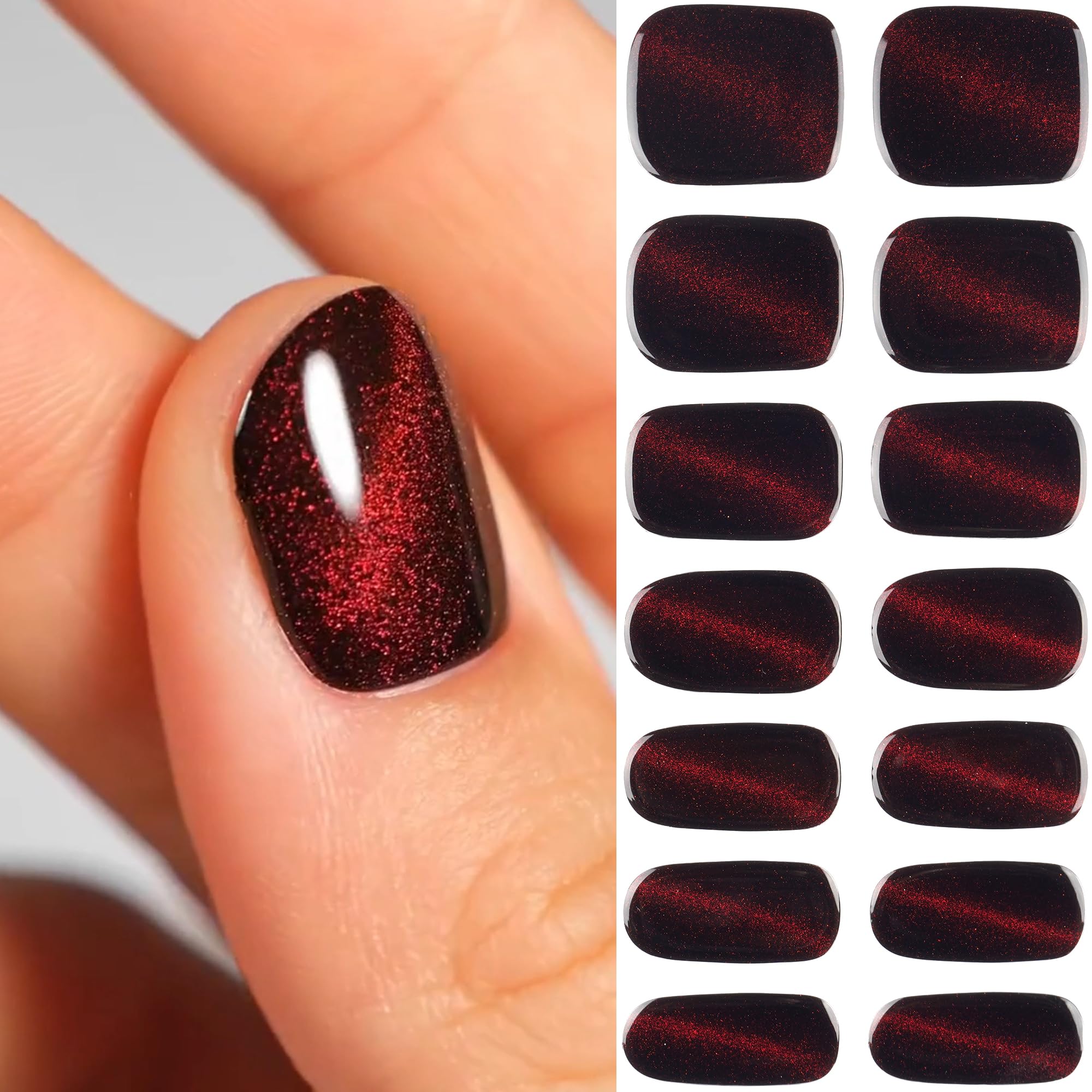 DANNI & TONI 28Pcs Red Cat's Eye Semi Cured Gel Nail Strips,Black Nail Stickers, Salon-Quality Gel Nail Polish Strips Manicure Stickers Set(Bonfire Night)