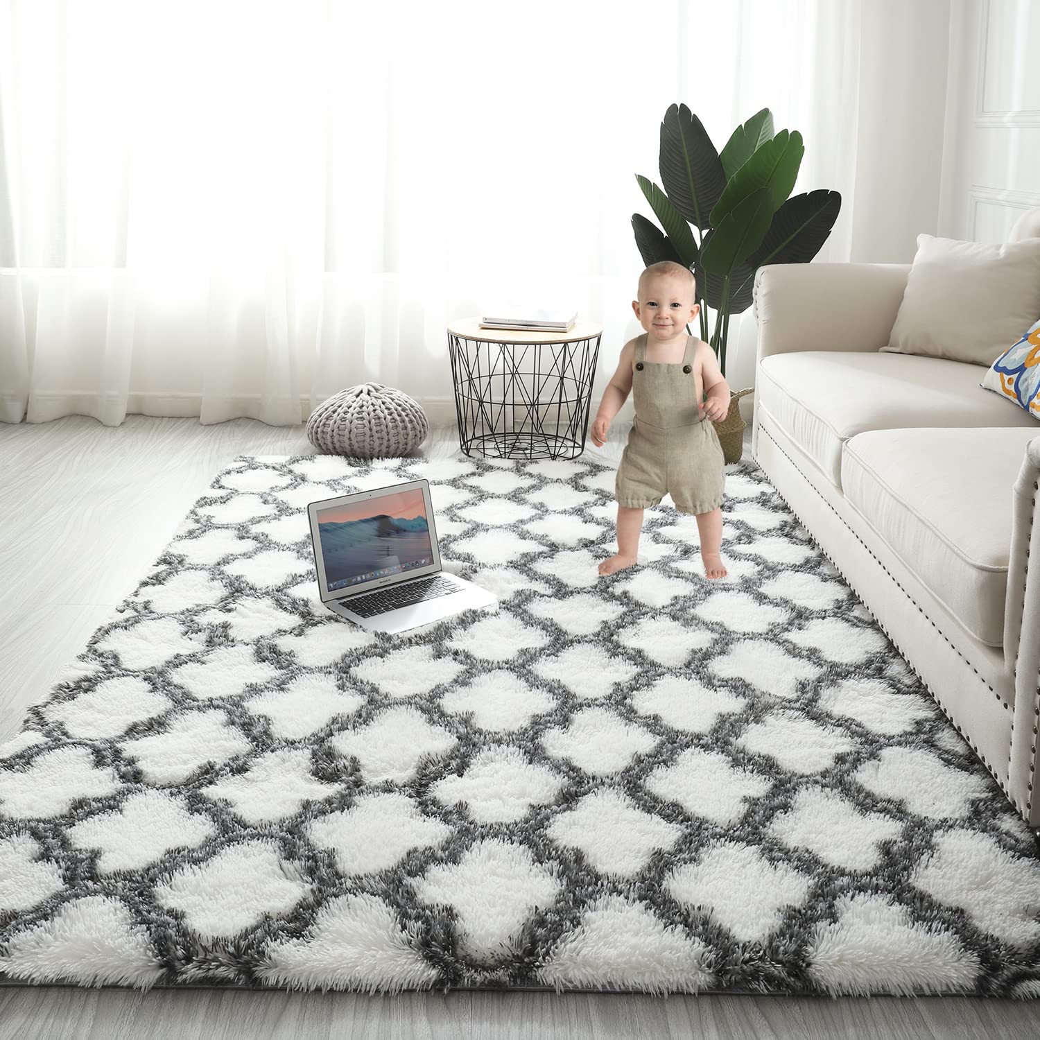 Gsogcax Rugs Living Room 4'×5.3' Super Soft Fluffy Area Rugs for Bedroom Shaggy Anti-Skid Comfortable Large Rugs Indoor Modern Home Decor Floor Carpet - White&grey 120x160
