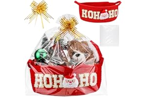 FoldTier 1 Set Christmas Empty Basket Set for Gifts with Bows Ribbons Cute HOHOHO Santa Claus Red Woven Basket with Handle Clear Cellophane Bags for Christmas Holiday Party Supplies Home Decoration