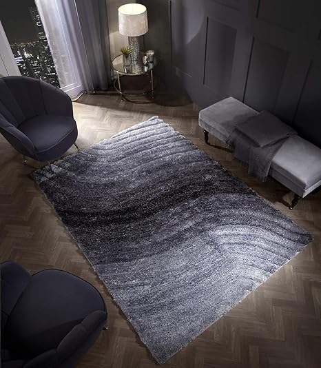 3d Wave Heavyweight Carved Shaggy Rug Grey Silver Ombre Super Plush Extra Large Rugs Living Room With Shimmering Sparkle Strands Thick Pile Height Modern Area Rugs 80cm X 150cm 3ft X 5ft
