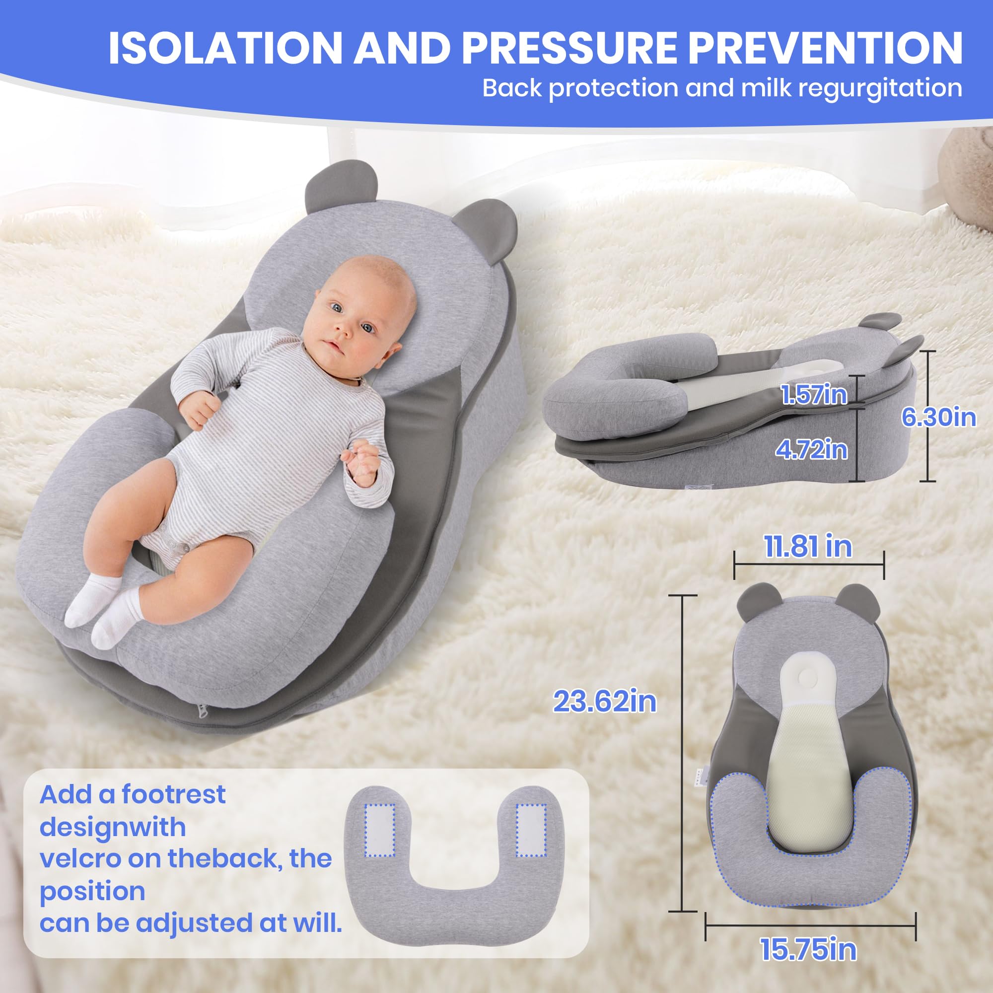Rootling Baby Feeding Pillow, Anti Overflow Feeding Pillow for Reducing Spit-Up, Safety Nursing Pillow, Baby Lounger Reflux Wedge Breastfeeding, Removable top and Bottom