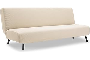 TIANSHU Stretch Futon Cover Armless Sofa Bed Cover, Anti-Slip Protector for Couch Without Armrests, Spandex Jacquard Fabric Futon Slipcovers (Ivory)