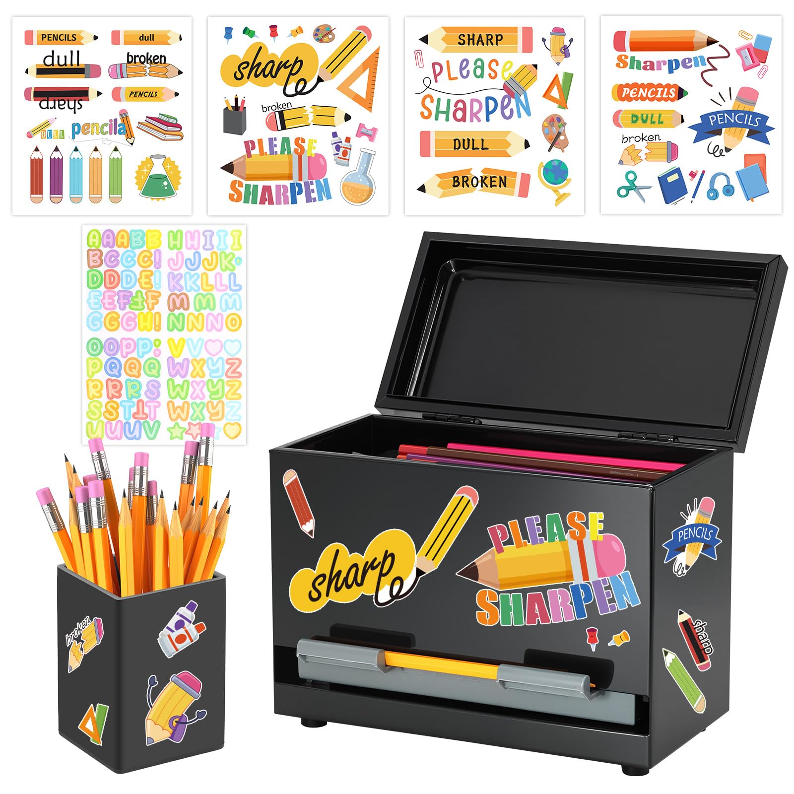 Photo 1 of Pencil Dispenser for Classroom Stainless Steel Pencil Holder for Desk, Pencil Dispenser Set with Silicone Organizer & 5 Stickers, Back to School Classroom Must Haves Teacher Supplies (Black)