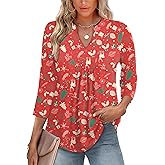 Micoson 3/4 Length Sleeve Womens Tops Fashion V Neck Blouses Dressy Casual Pleated Tunic Tops Loose Fit Work Shirts