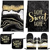 Bencailor 6 Pcs Marble Kitchen Decor Gold Pot Holders Oven Mitts 2 Dish Towels 2 Farmhouse Cooking Mittens Oven Glove and Potholder for Baking Cooking Grilling Supply Accessories(Black)