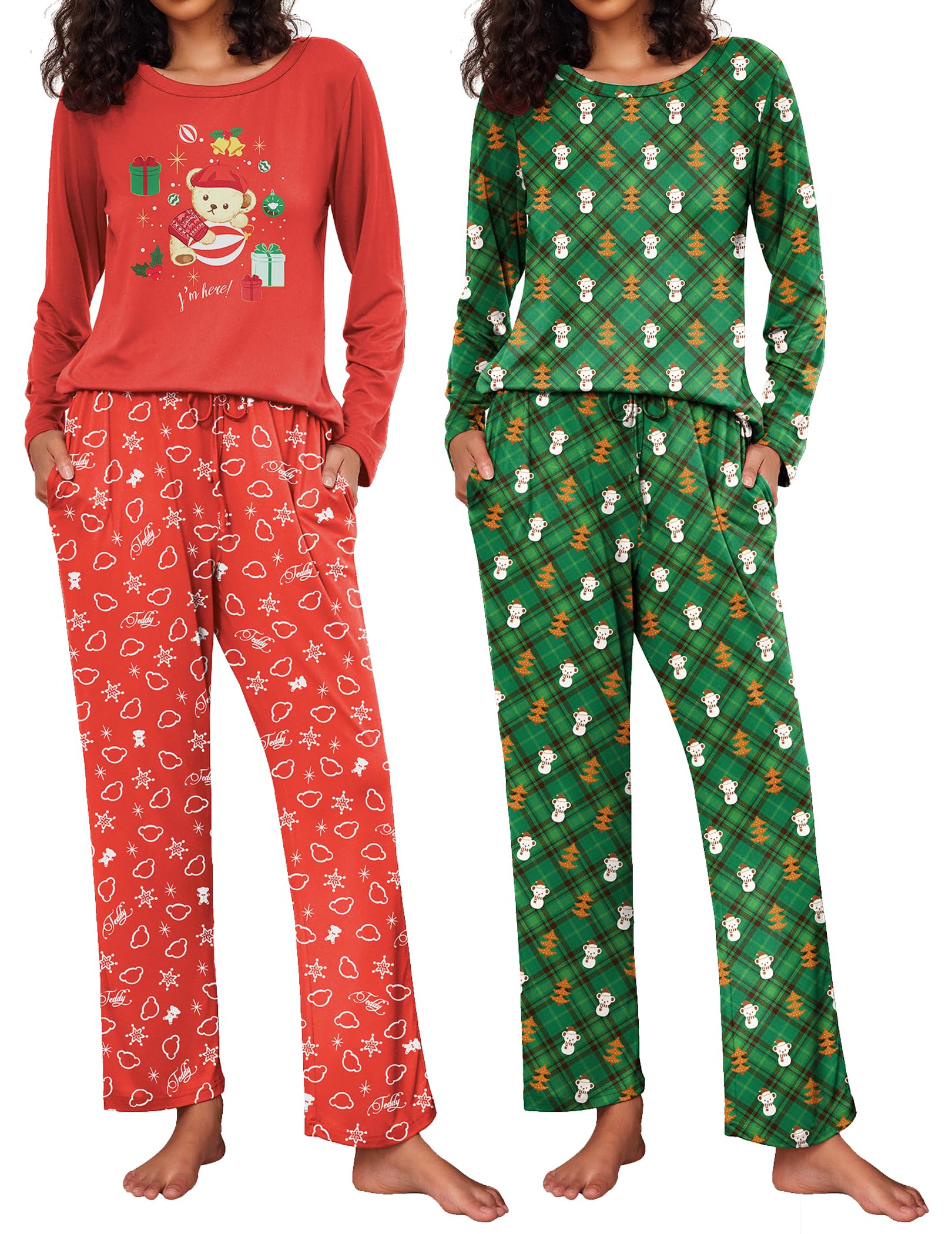 Ekouaer 2 Pack Womens Pajama Sets Long Sleeve Pjs Lounge Set Soft Comfy Sleepwear Winter Loungewear,Red Teddy/Green Teddy,XX-Large Image