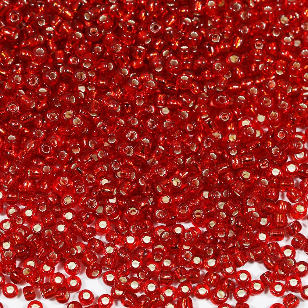 Bala&Fillic Red Silver Lined Color 3mm Seed Beads About 3600pcs/100Grams in Bag, 8/0 Glass Craft Beads for Making Bracelet Necklace Earring(Red Silver Lined)