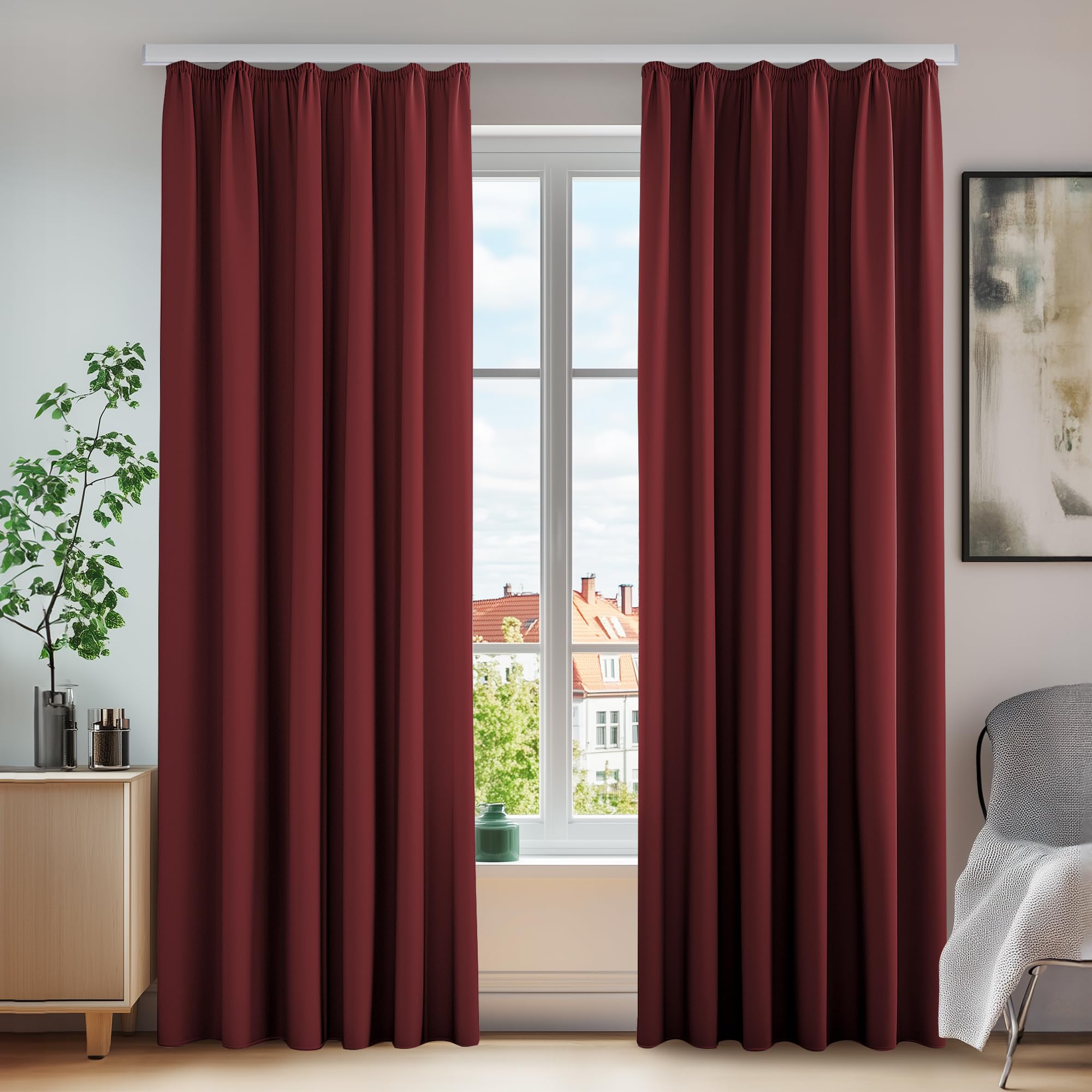 Deconovo Blackout Curtains Pencil Pleat Curtains Thermal Insulated Curtains for Girls Room W55 x L63 Inch Red 2 Panels