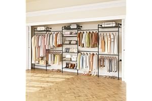 H5 Wall Mounted Closet System, Industrial Pipe Clothes Racks Clothing Rack with 4 Telescopic Rods & 3 Fixing Rods & 9 Shelves