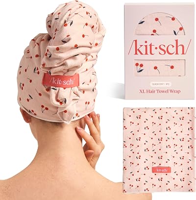Kitsch XL Microfiber Hair Towel Wrap Cherry Print 40x24 Inches