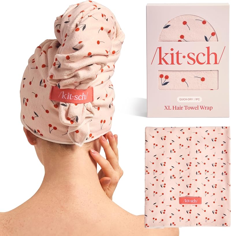 Kitsch XL Microfiber Hair Towel Wrap Cherry Print 40x24 Inches