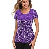 MANER Women’s Full Sequin Tops Glitter Party Shirt Short Sleeve Sparkle Blouses S-4X