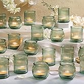 NITIME 24pcs Assorted Green Votive Candle Holders for Table Centerpiece, Ribbed Tea Lights Candle Holder Glass, Green Candle Holders for Wedding Table Decor, Bridal Shower and Tea Party Decorations