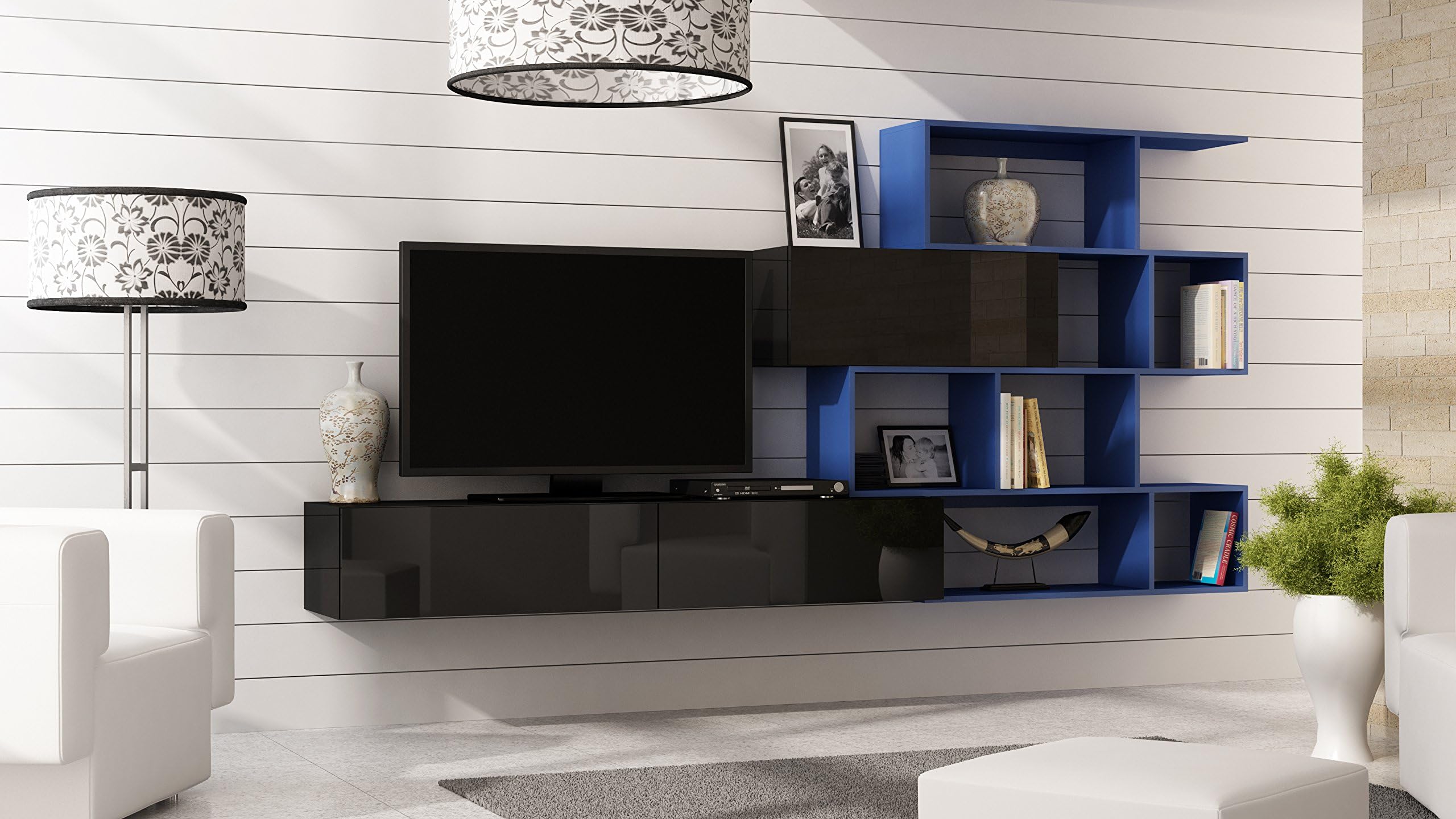VIGO I /5 COLOURS OF SHELF - BLACK HIGH GLOSS FRONTS / BODY BLACK MAT / WALL Entertainment UNIT TV Stand Cabinet /HANGING - PERFECT FOR Living Room / Bedroom / Studio Flat - AMAZING QUALITY suitable for PLASMA / LED / LCD / OLED TVs!!! (Denim Blue Bookshelf)