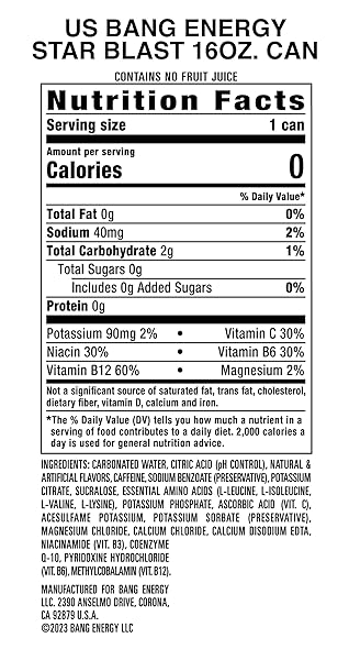 BANG ENERGY STAR BLAST, SUGAR-FREE ENERGY DRINK, 16 OUNCE (PACK OF 12)