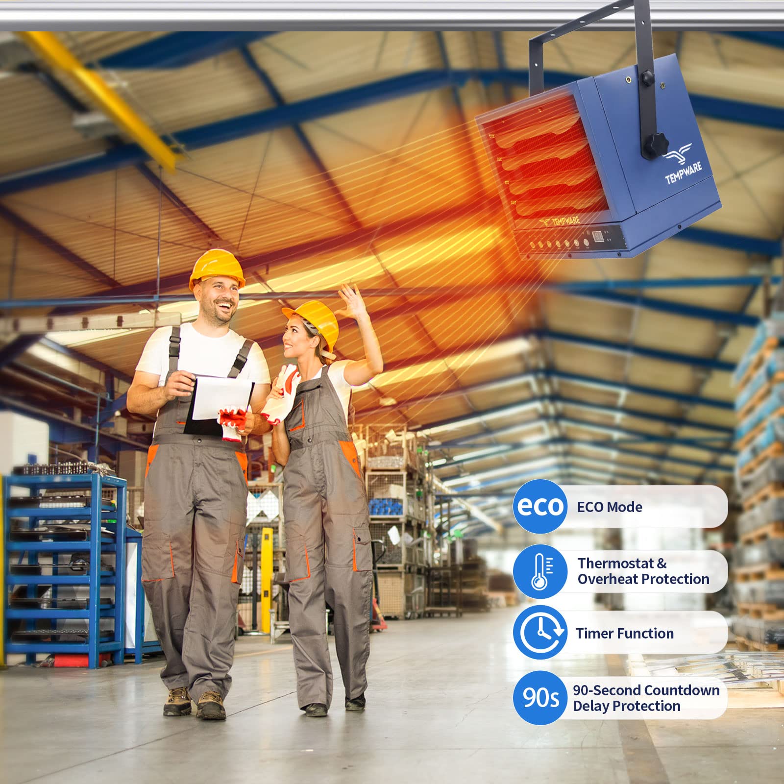 TEMPWARE Electric Garage Heater, 7500-Watt Digital Fan-Forced Ceiling Mount Shop Heater with ECO Mode, 240-Volt Hardwired with Full-Function Remote and 12-Hour Timer, Ideal for Workshop