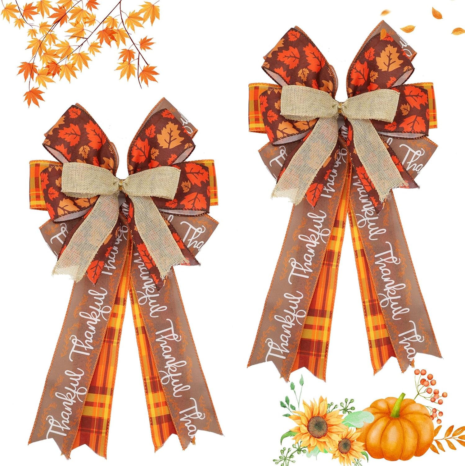 Bows & Ribbons - Montekin Large Fall Wreath Bows 19x11 Inch, 2 Pack Maple Burlap Wired Thanksgiving Bows for Wreath, Decorative Harvest Ornaments for Front Door Autumn Indoor Outdoor Party Decorations (Buffalo Plaid)