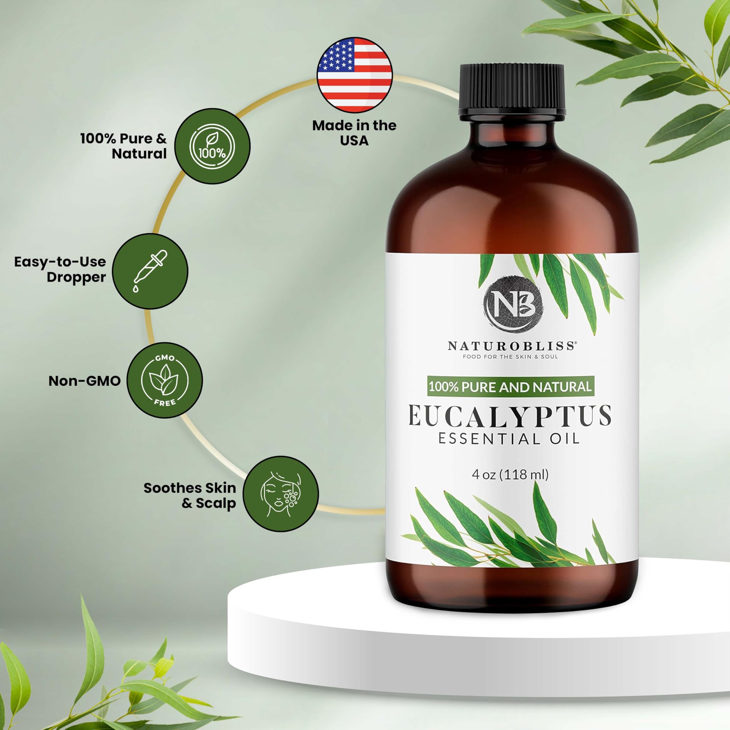 NaturoBliss 100% Pure Natural Undiluted Eucalyptus Essential Oil (4oz) Premium Therapeutic Grade Aromatherapy