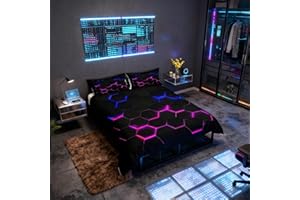 Castle Fairy 3D Honeycomb Duvet Cover Queen Size for Kids Hexagon Bedding Sets with 2 Pillowcase,Pink Blue Neon Lights Print 