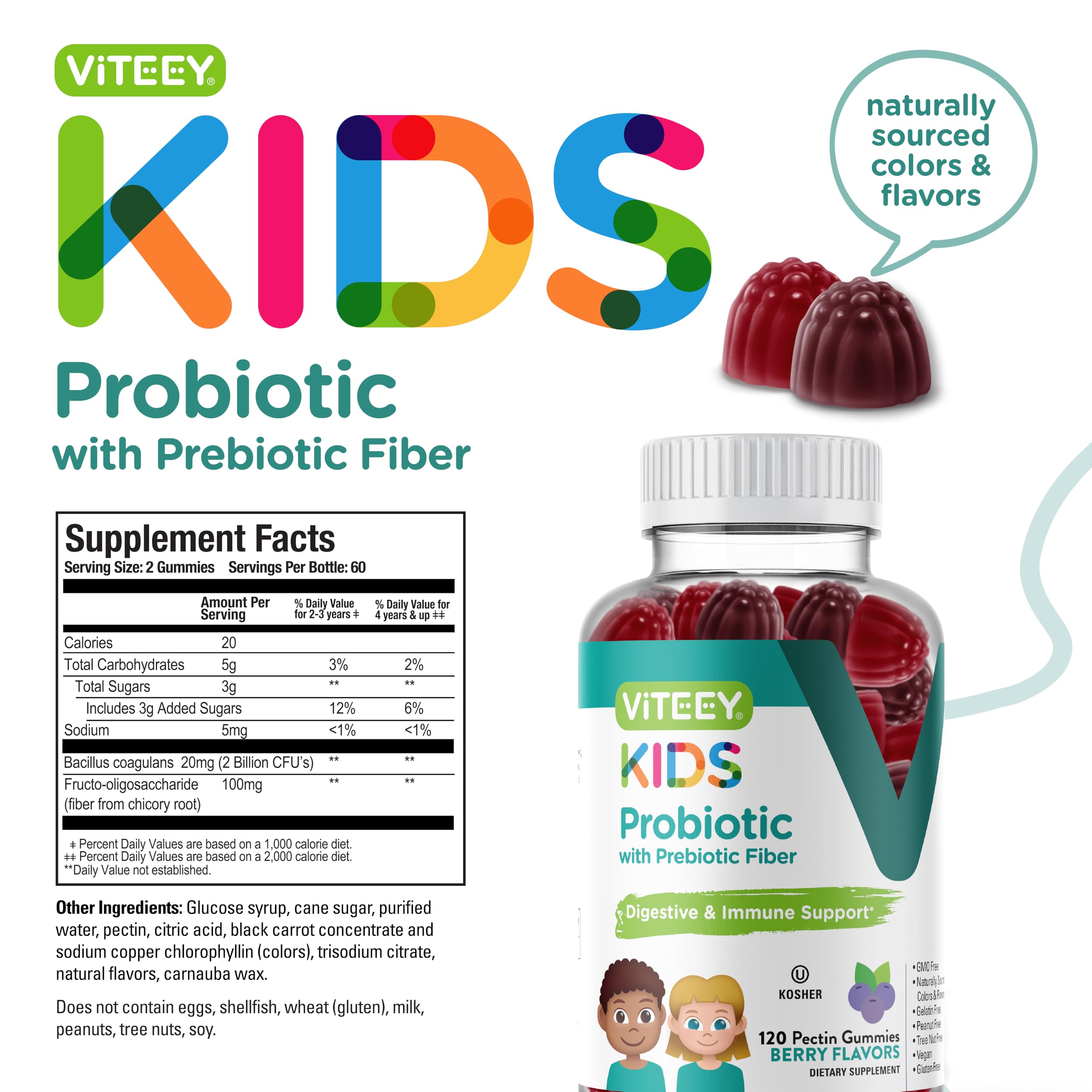 Viteey Probiotic Gummies for Kids Plus Prebiotics Fiber - 2 Billion CFUs - Digestive Health,Gut Health, Constipation Relief for Kids Support - Vegan, Gelatin Free - Chewable Probiotic Berry Flavored