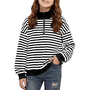 Latnnut Girls Striped Quarter Zip Sweatshirt Cotton Pullover Age 7-18 | 94% cotton with 6% spandex adds soft stretch; striped