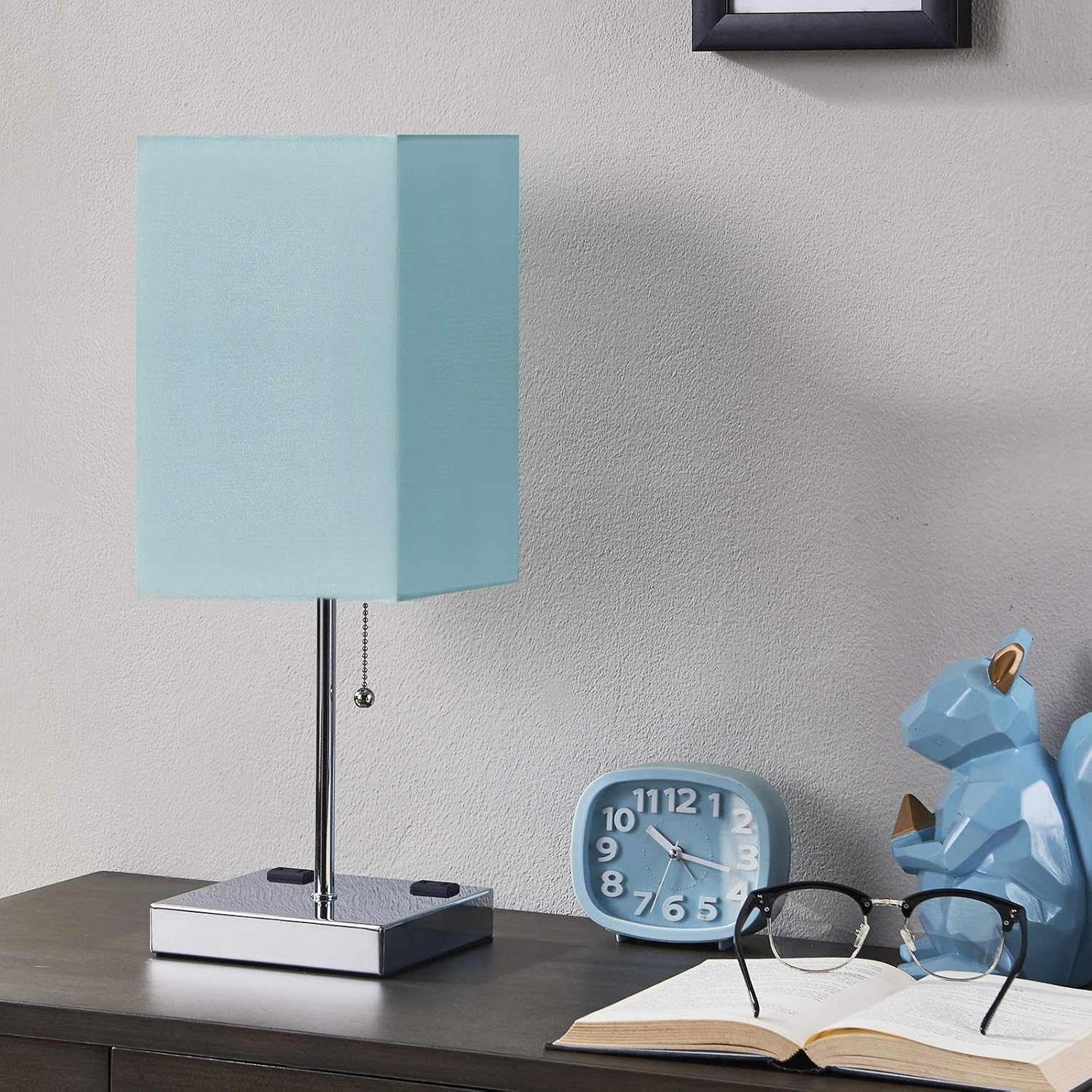 Table Lamp with Outlet Charging Ports, Aooshine Bedside Lamp with Dual 2-Prong Charging Ports, Lake Green Shade & Sliver Base, Minimalist & Modern Table Lamp Suitable for Bedroom.（Bulb not Included)） - - 