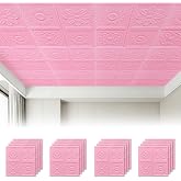 Ceiling Tiles Peel and Stick, 3D Ceiling Panels Foam, 16 Pcs Waterproof Self-Adhesive Ceiling Tiles for Ceiling and Wall Decor, Easy DIY Covering 21 Sq.Ft (13.8 x 13.8 Inch) (Pink,Floral)