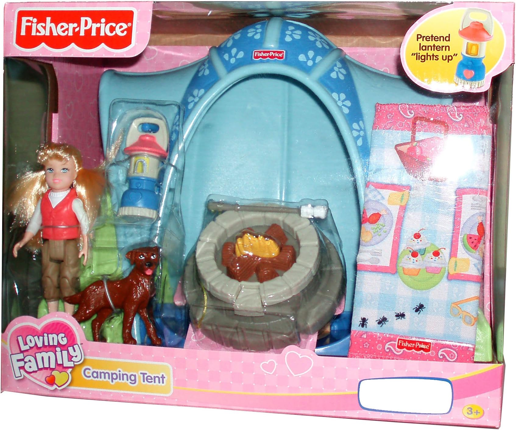 Fisher Price Loving Family Camping Tent Playset with 4 Inch Tall "Sister" Doll, Pet Dog, Blue Tent, "Campfire", "Lantern" and Sleeping Bag