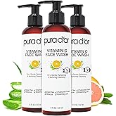 PURA D'OR Vitamin C Face Wash (8oz x3 = 24oz) Antioxidant Rich Facial Cleanser For Radiant Glow & Even Skin Tone - Gentle, Refreshing, Nurturing, Hydrating, Sulfate & Paraben Free Formula