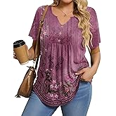 IN'VOLAND Womens Plus Size Tunic Top Summer Short Sleeve T-Shirt V-neck Button Up Dressy Blouse Casual Pleated Pullover 1X-5X